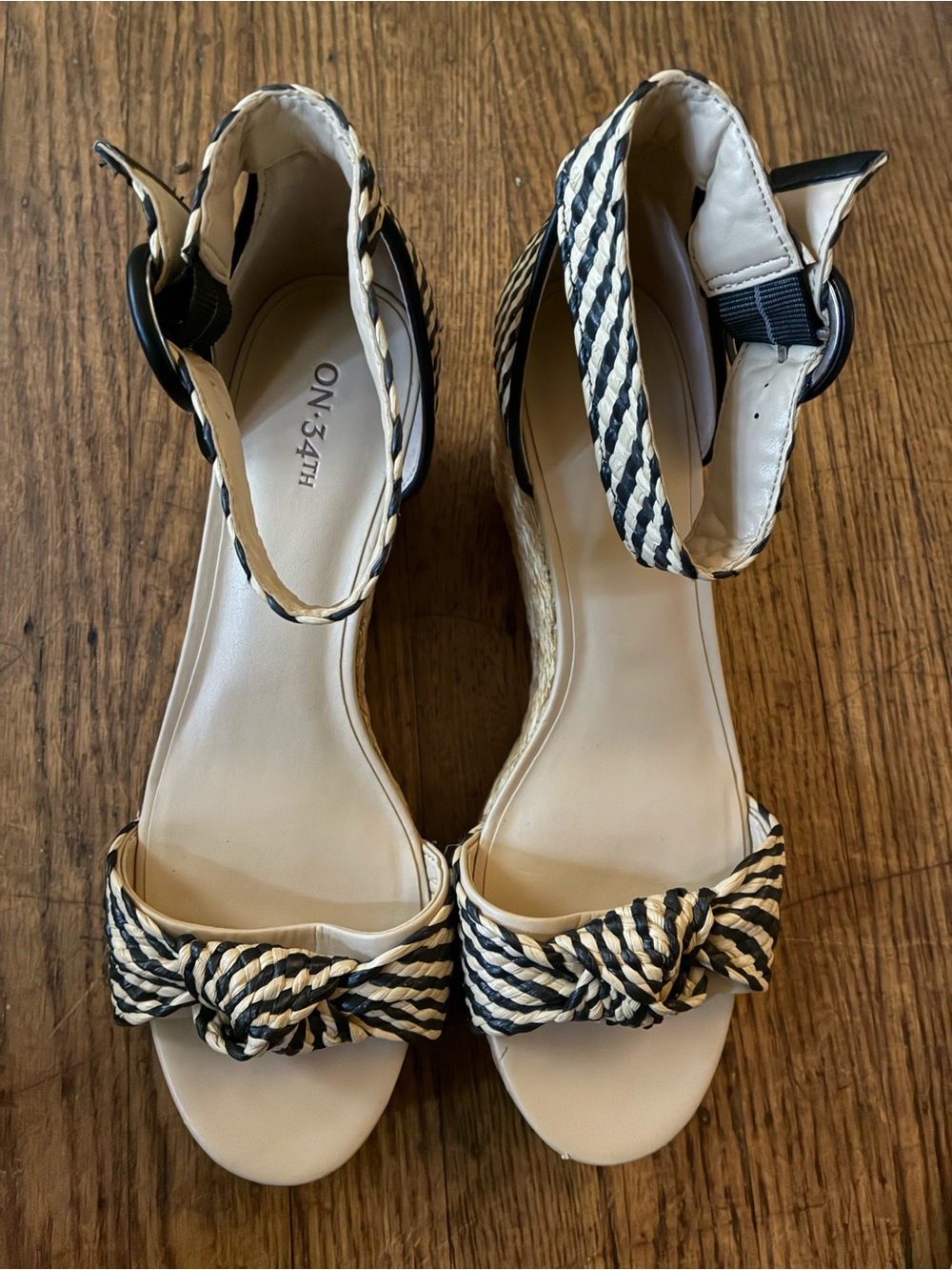ON 34TH Black & Cream Striped Rope-Knot Ankle Strap Wedges